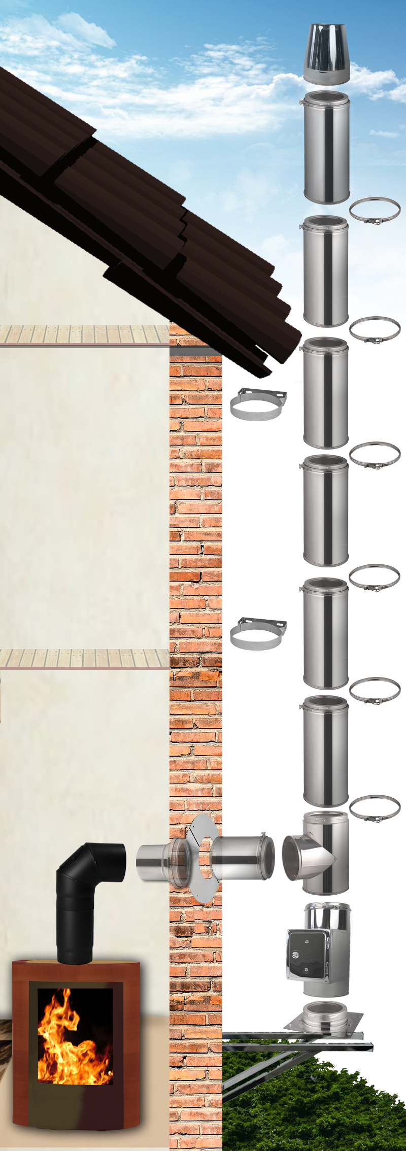 KIT 7 TUBOS DE CHIMENEA DOBLE PARED AISLADO 100CM +1 TUBO 50CM